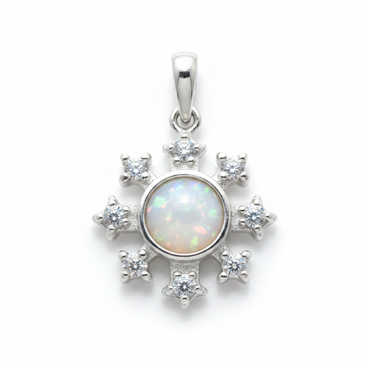 Silver 925 snowflake CZ memorial pendant — white pearl opal flakes resin in 5mm round centre setting, eight CZ star clusters in snowflake halo