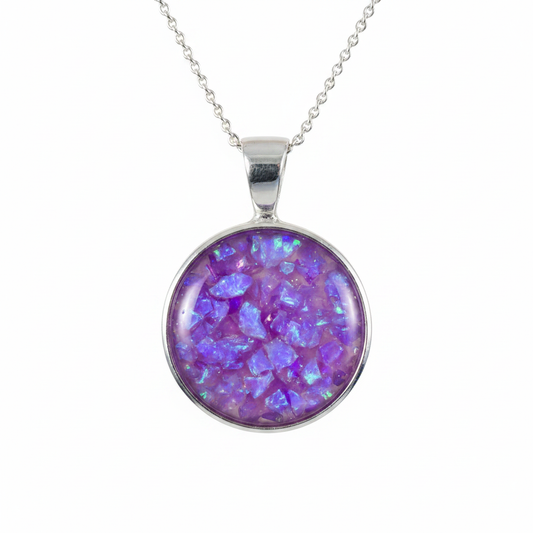Silver 925 round memorial pendant — lavender purple opal flakes domed resin inclusion
