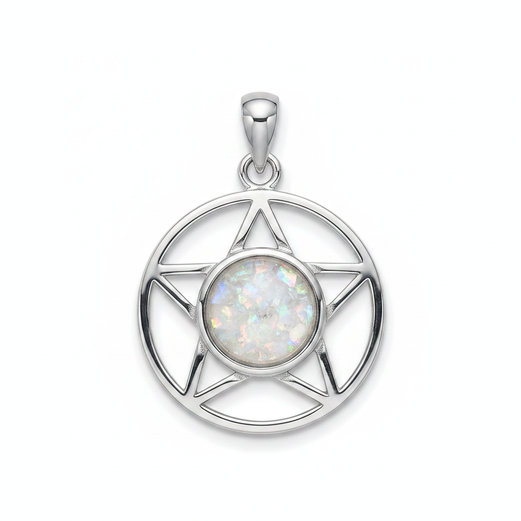 Silver 925 pentagram memorial pendant with white opal and mica, white background