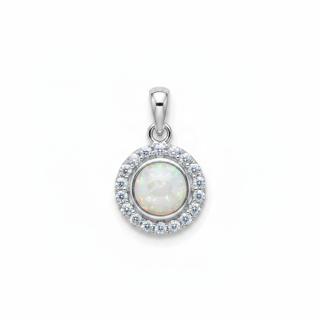Silver 925 round halo CZ memorial pendant with white opal and mica, white background