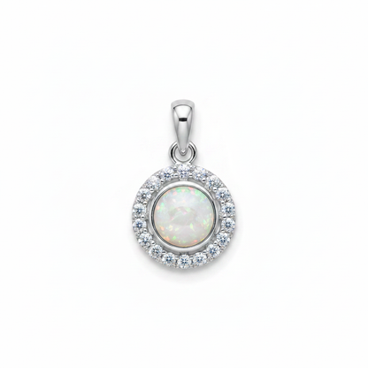 Silver 925 round halo CZ memorial pendant with white opal and mica, white background