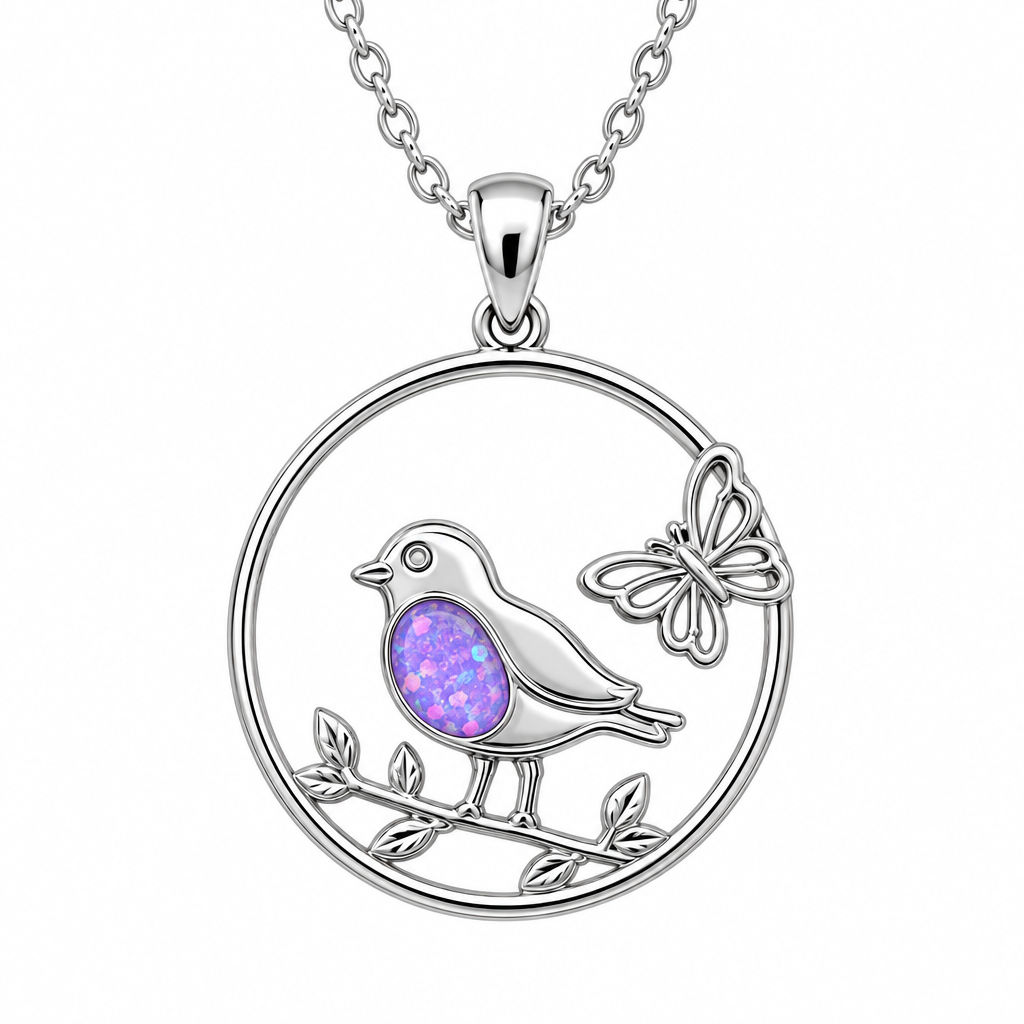 Robin and butterfly memorial pendant with lavender opal resin