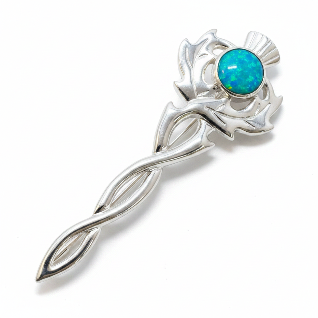Thistle Kilt Pin 925 Silver with blue teal opal cabochon — pure white background