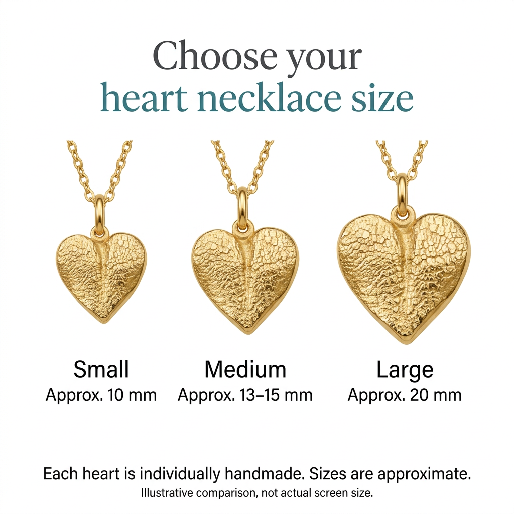 Illustrative gold heart necklace size comparison: approximately 10mm, 13–15mm and 20mm, not actual screen size