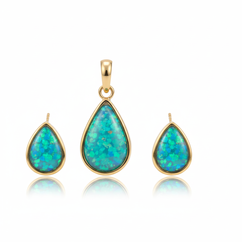 Gold teardrop pendant and pear stud earrings set with blue opal