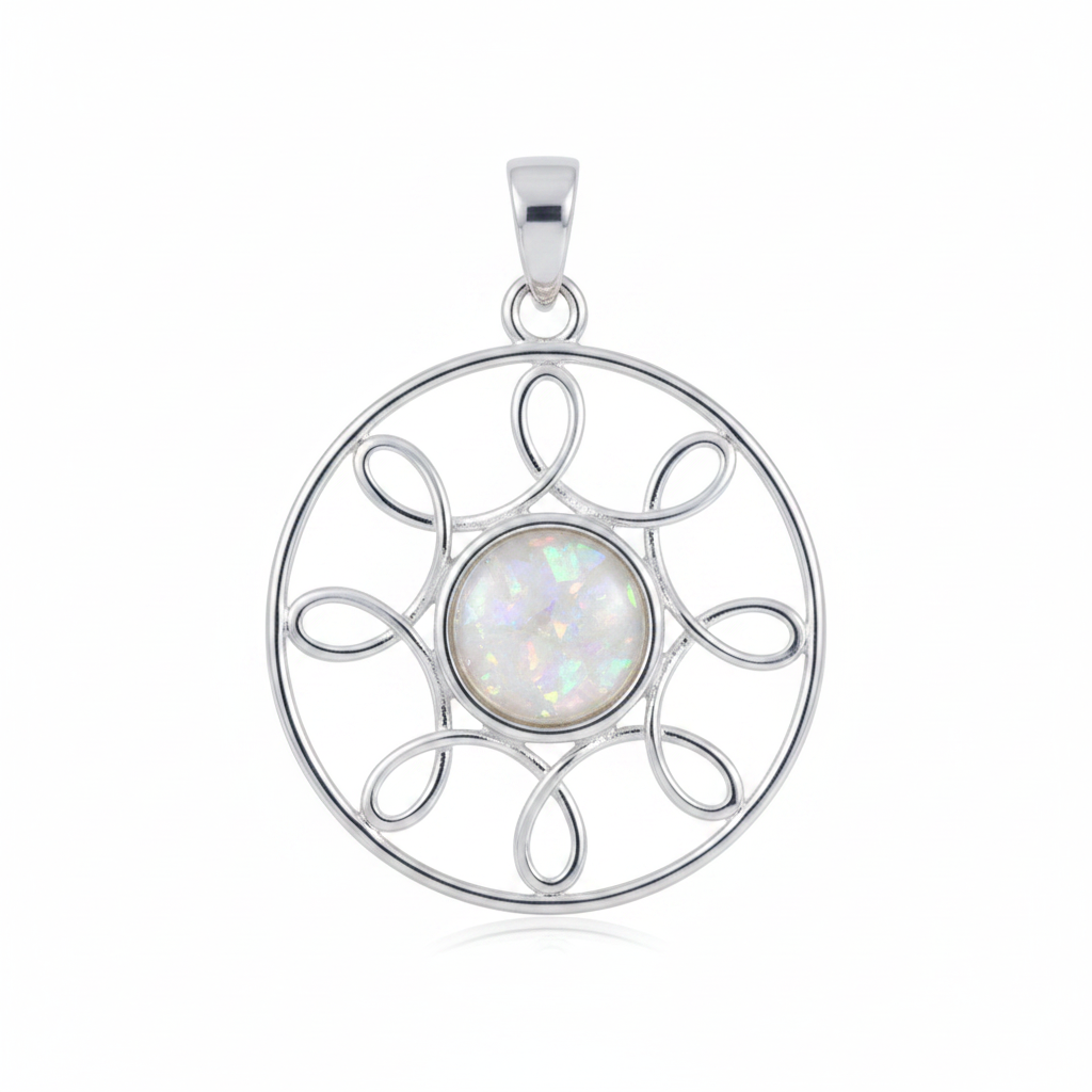 Silver 925 wire circle memorial pendant with white opal and mica, white background