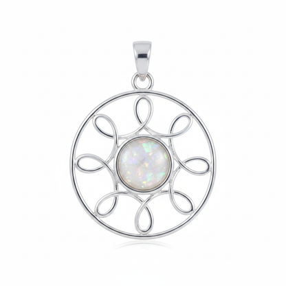 Silver 925 wire circle memorial pendant with white opal and mica, white background