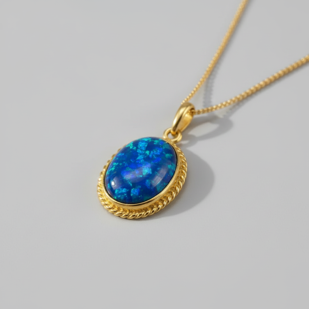 9ct gold rope edge memorial pendant with deep blue opal flakes