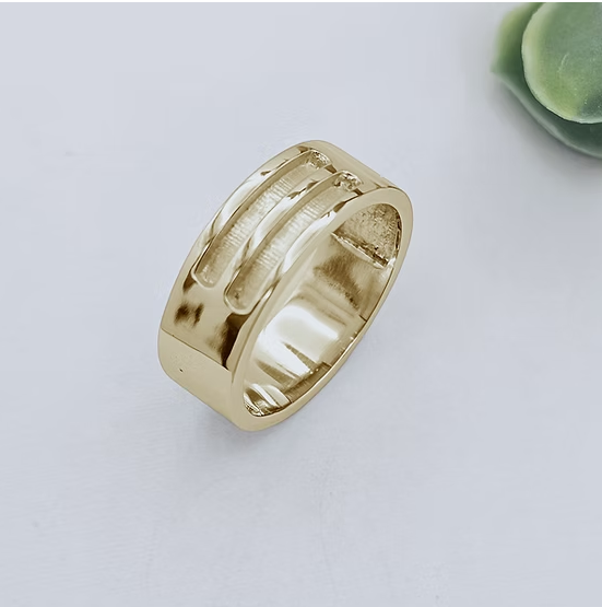 9ct yellow gold 7mm double half channel band ring blank, angled view showing two parallel recessed channels and raised polished rails