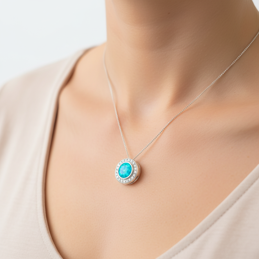 Floating halo CZ silver pendant lifestyle shot worn around woman's neck showing true scale