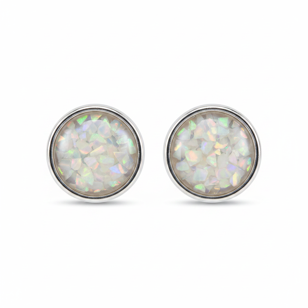 Silver 925 round bezel memorial stud earrings — white pearl opal flakes resin in solid back setting