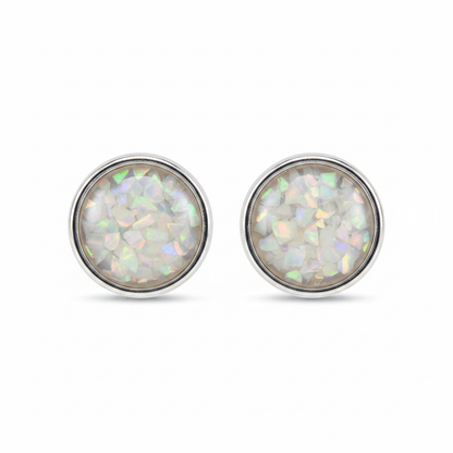 Silver 925 round bezel memorial stud earrings — white pearl opal flakes resin in solid back setting
