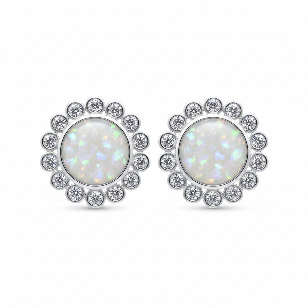Silver 925 daisy CZ memorial stud earrings — white pearl opal flakes resin in 8mm centre with individual CZ daisy surround