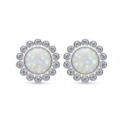 Silver 925 daisy CZ memorial stud earrings — white pearl opal flakes resin in 8mm centre with individual CZ daisy surround