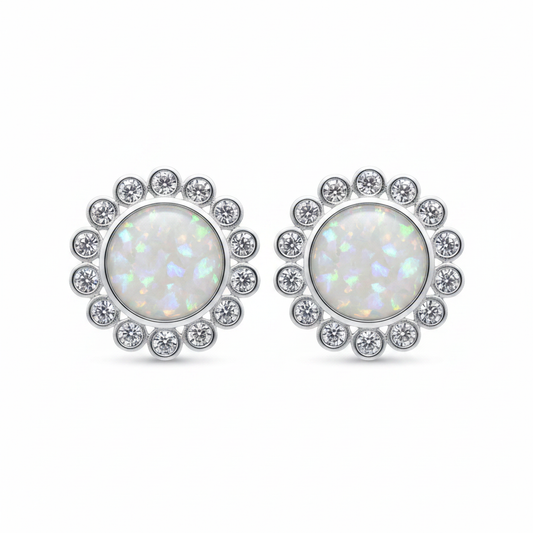Silver 925 daisy CZ memorial stud earrings — white pearl opal flakes resin in 8mm centre with individual CZ daisy surround