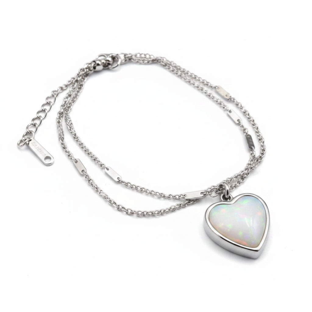 Double chain heart memorial bracelet with white pearl opal resin inclusion
