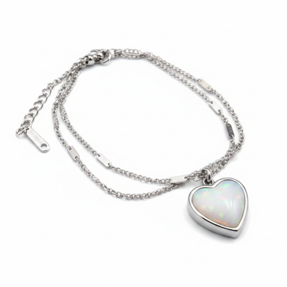 Double chain heart memorial bracelet with white pearl opal resin inclusion