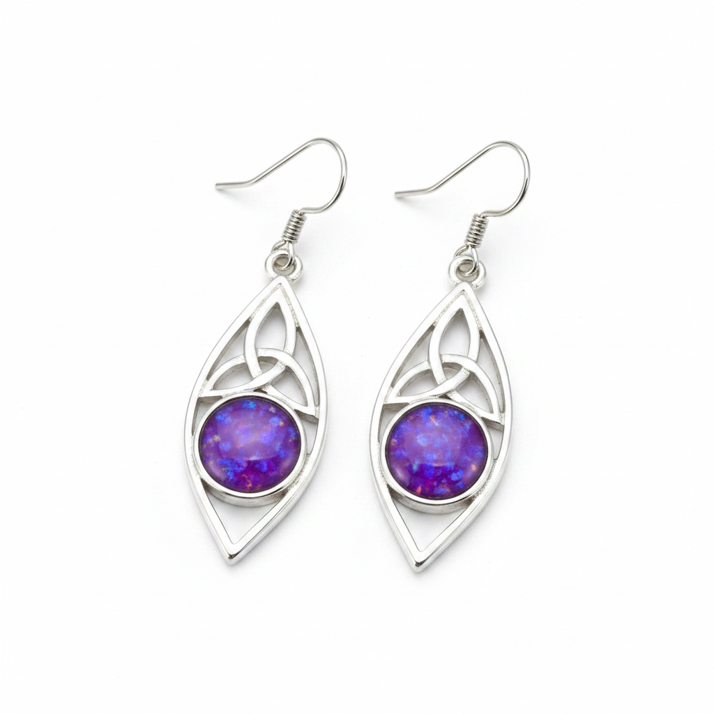 Silver 925 Celtic marquise drop earrings - lavender purple opal resin