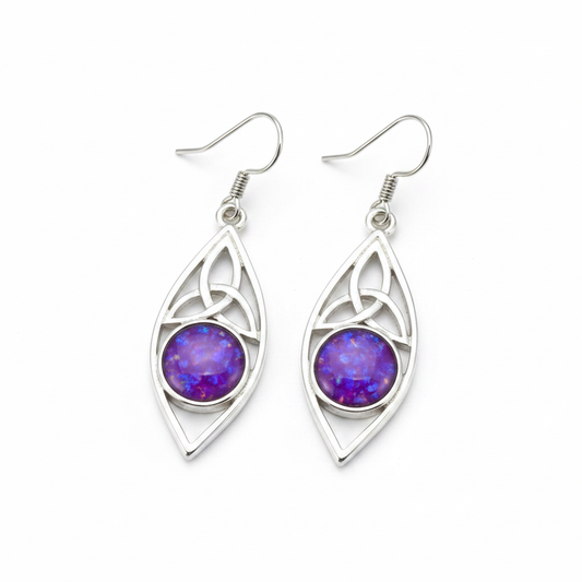 Silver 925 Celtic marquise drop earrings - lavender purple opal resin