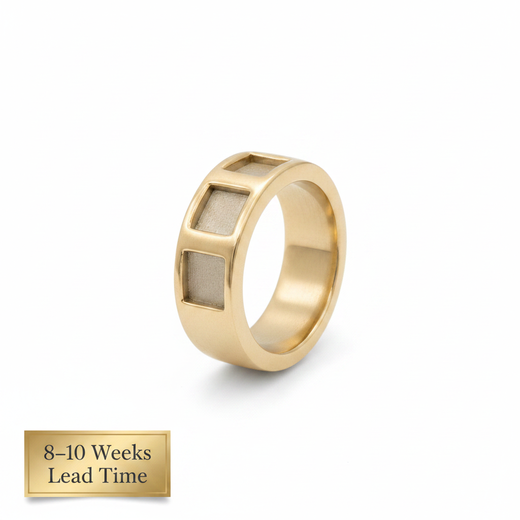 9ct Gold Gents Triple Square Band Ring — blank bezels, white background, 8-10 weeks lead time sticker