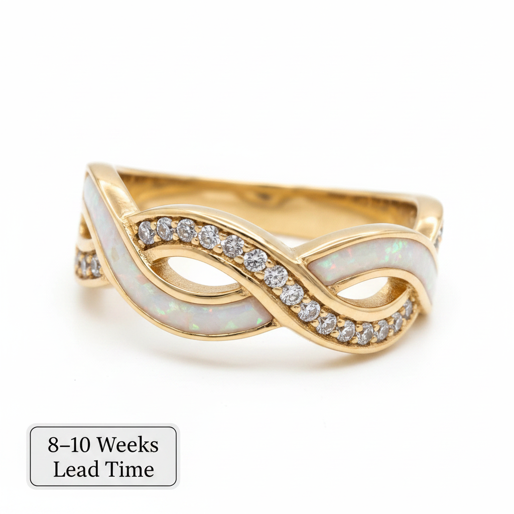 9ct Gold Double Wave CZ Ring — white pearl opal resin, white background