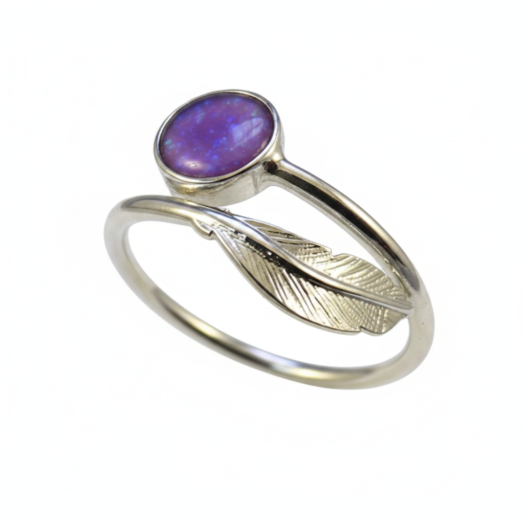 Silver 925 feather memorial ring — lavender purple opal flakes resin in 6mm round setting