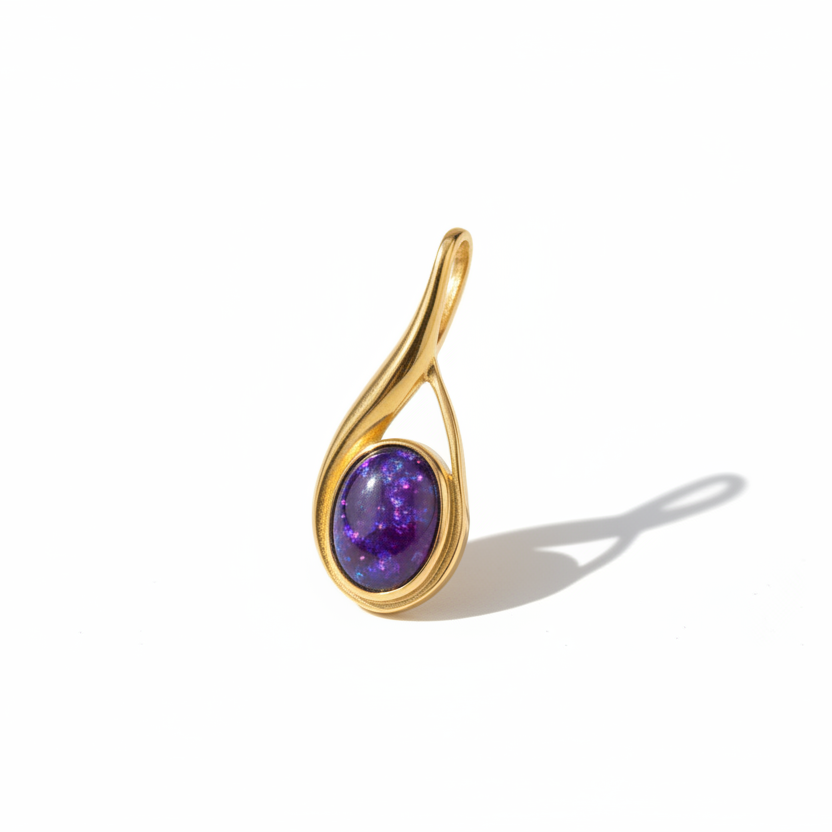 9ct gold teardrop swirl memorial pendant with lavender opal flakes