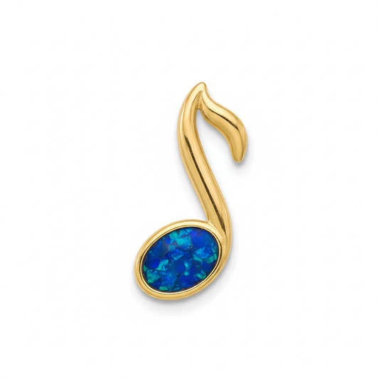 9ct gold music note memorial pendant with deep blue iridescent opal flakes – white background