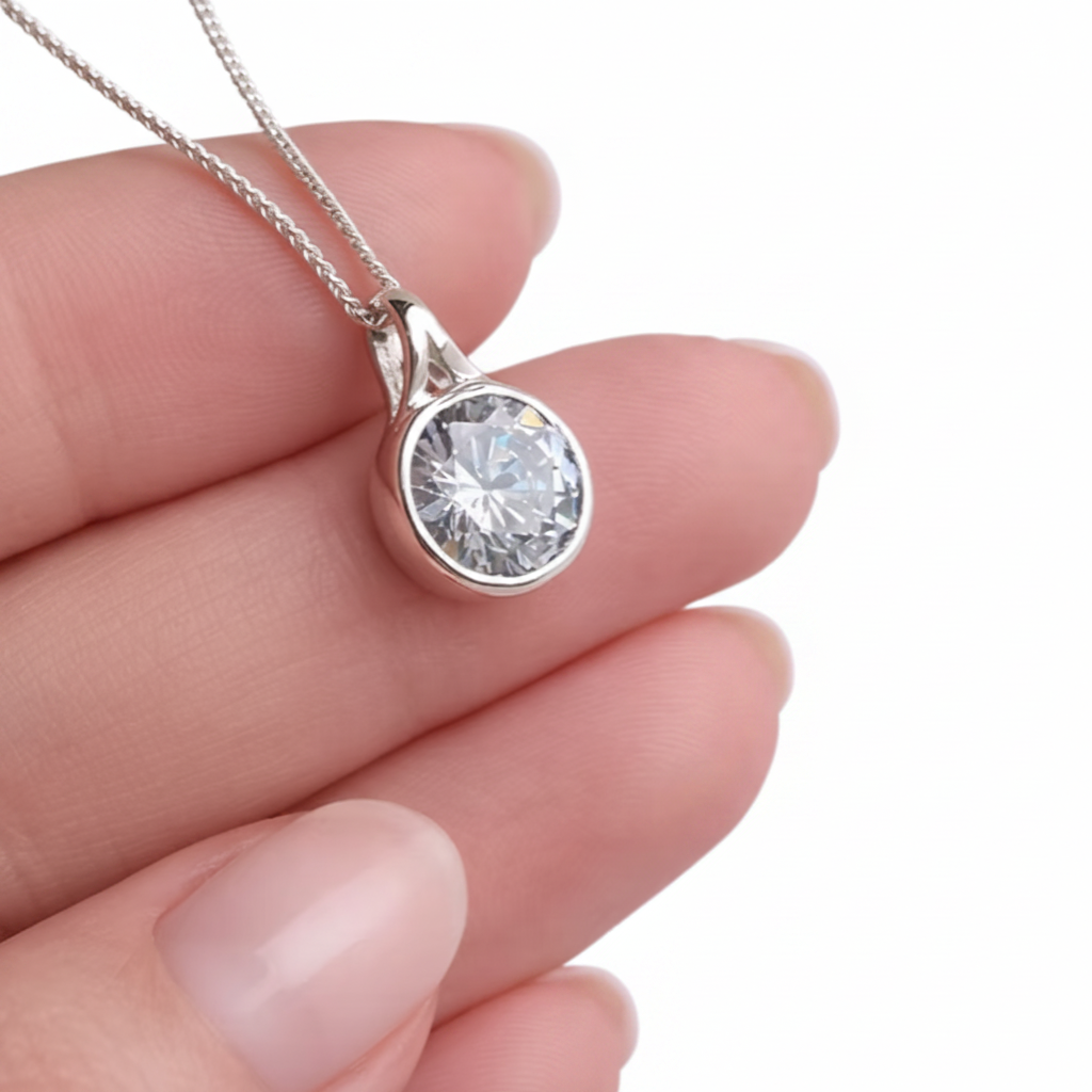 Round Secretly Set CZ 925 Silver Memorial Pendant held in hand — white background