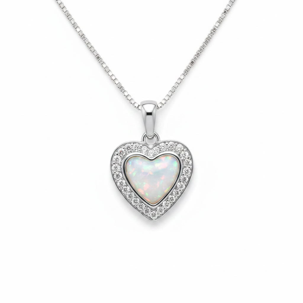 CZ Halo Heart 925 Silver Memorial Pendant with white pearl opal resin inclusion — white background