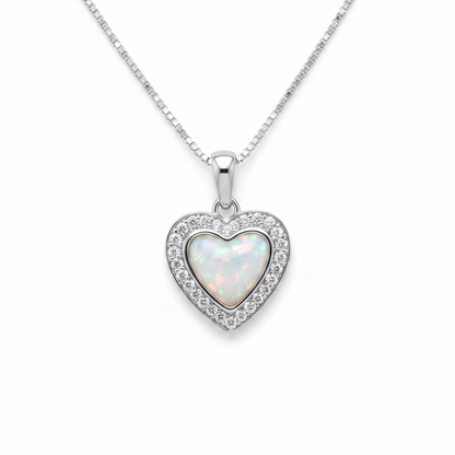 CZ Halo Heart 925 Silver Memorial Pendant with white pearl opal resin inclusion — white background