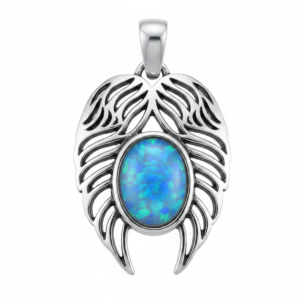 Silver 925 angel wings memorial pendant with blue opal flakes, white background