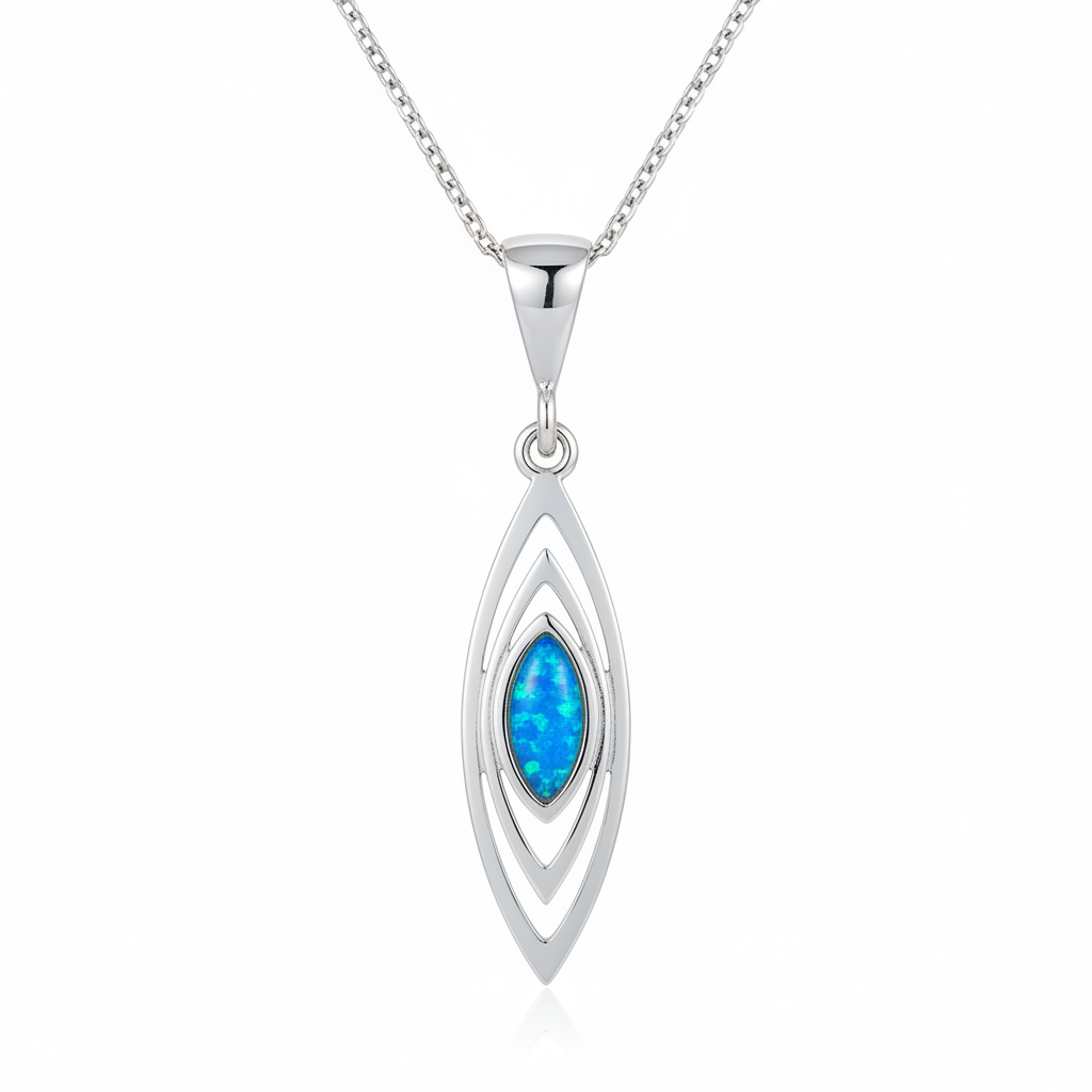 Silver 925 triple marquise memorial pendant with blue opal resin on chain, white background
