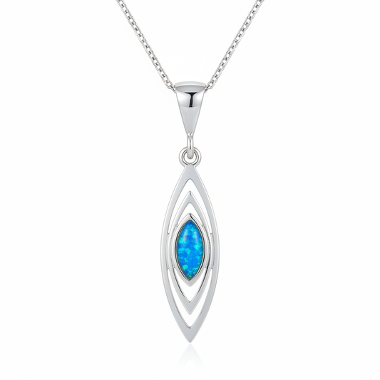 Silver 925 triple marquise memorial pendant with blue opal resin on chain, white background