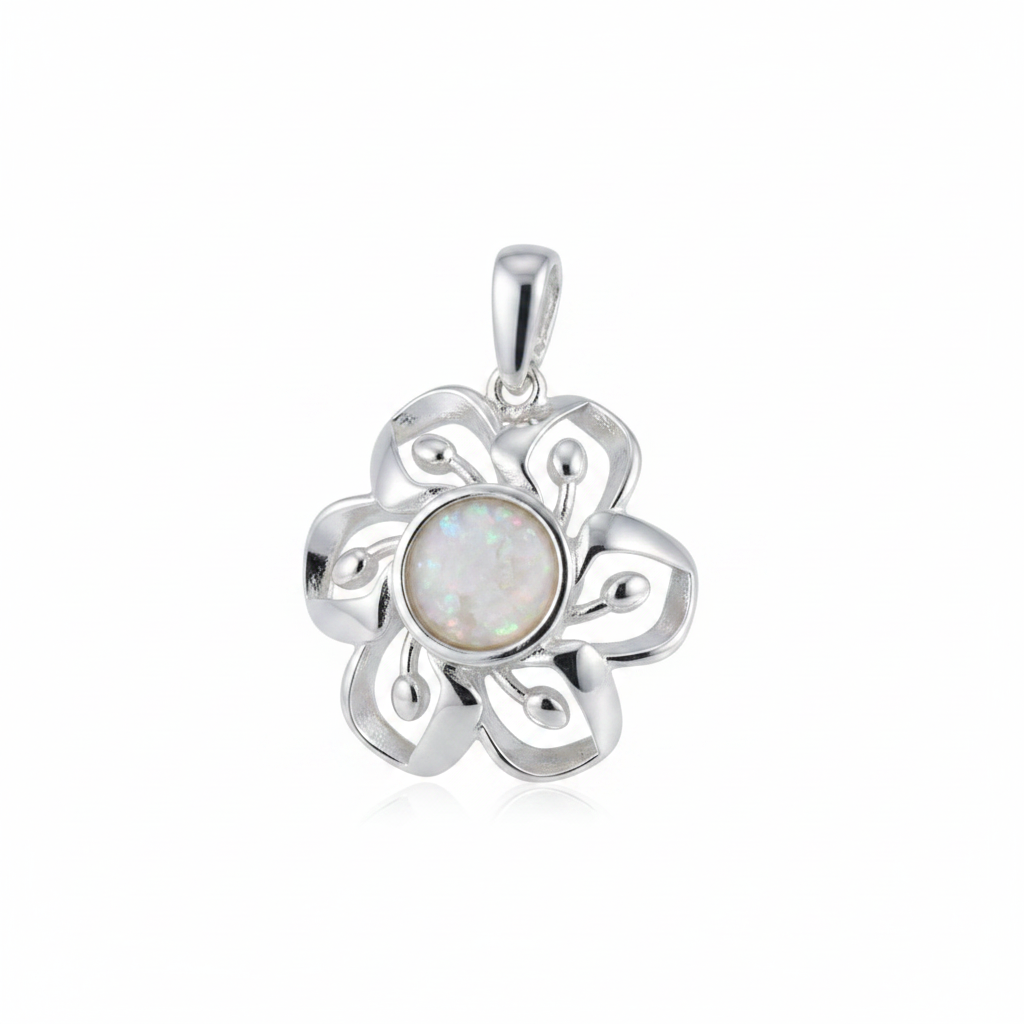 Silver 925 flower memorial pendant with white opal and mica, white background