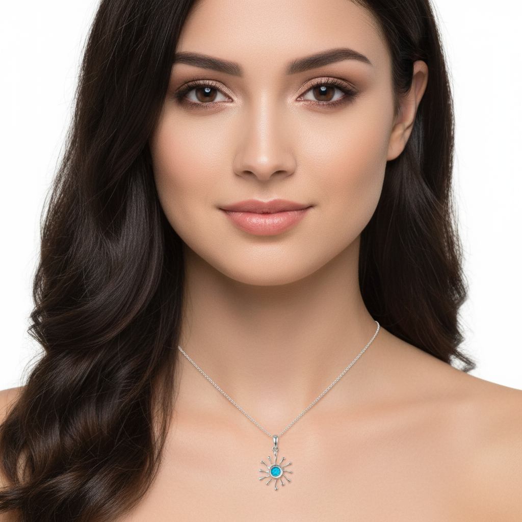 Model wearing silver 925 sunburst memorial pendant at true scale