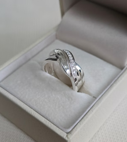 925 sterling silver double crossover band memorial ring in white gift box showing CZ and resin channel wave bands