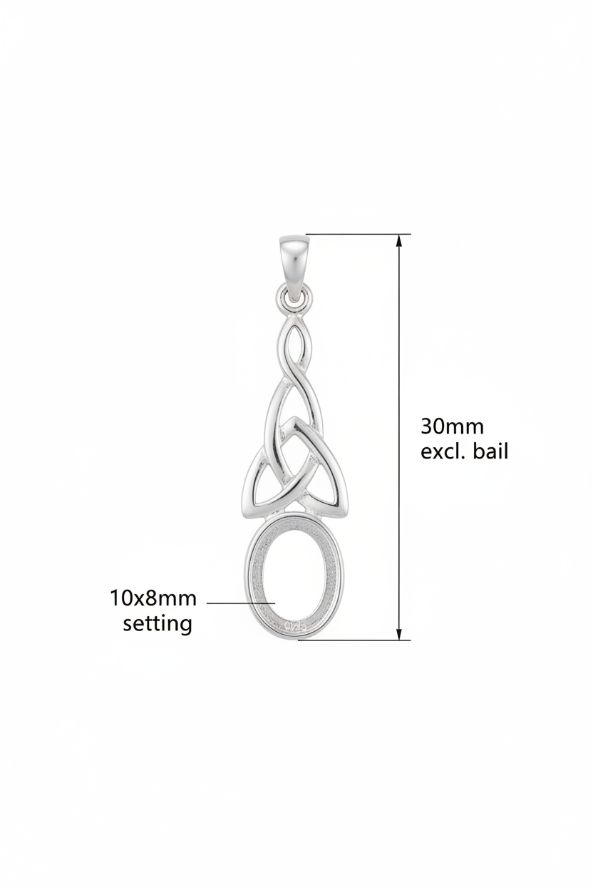 Silver 925 Celtic triquetra drop memorial pendant dimensions — 30x11mm excl. bail, 10x8mm oval centre