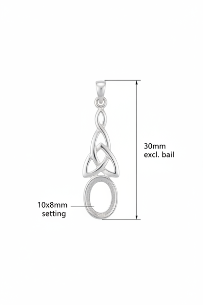 Silver 925 Celtic triquetra drop memorial pendant dimensions — 30x11mm excl. bail, 10x8mm oval centre