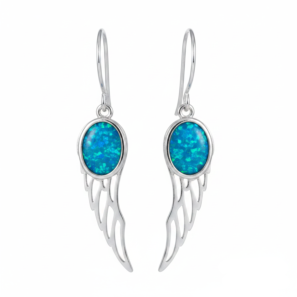 Silver 925 angel wing drop earrings - blue teal opal