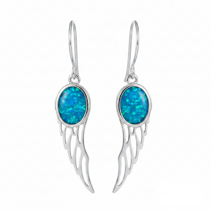 Silver 925 angel wing drop earrings - blue teal opal
