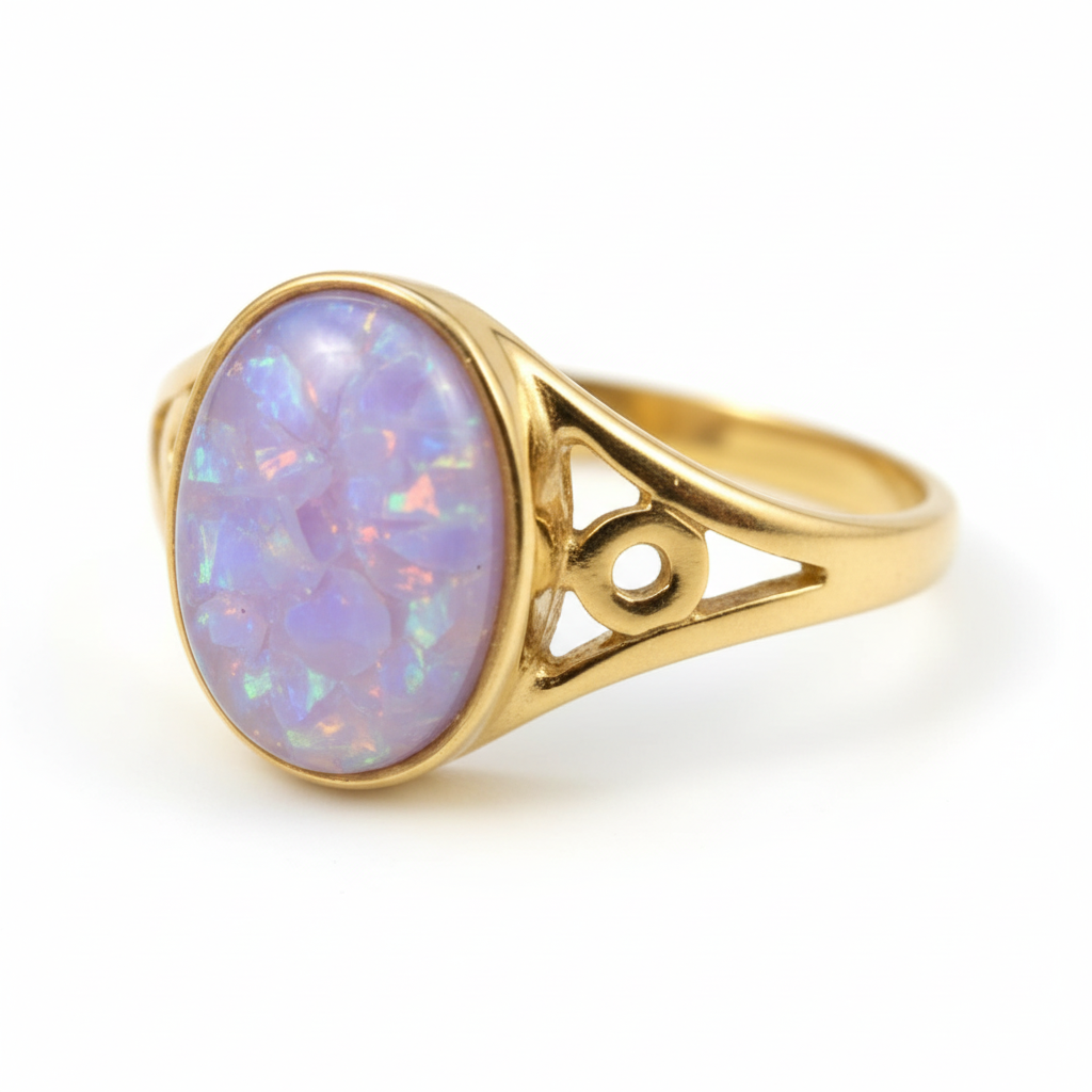 9ct gold oval signet memorial ring with lavender opal resin