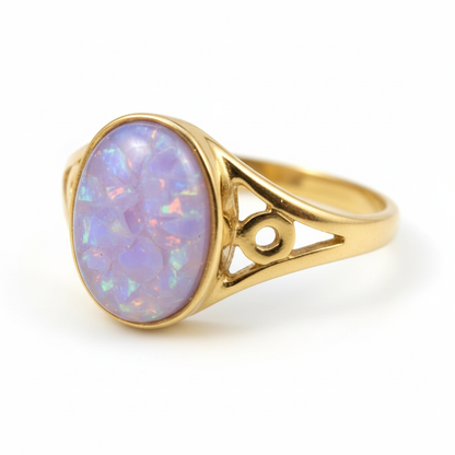 9ct gold oval signet memorial ring with lavender opal resin