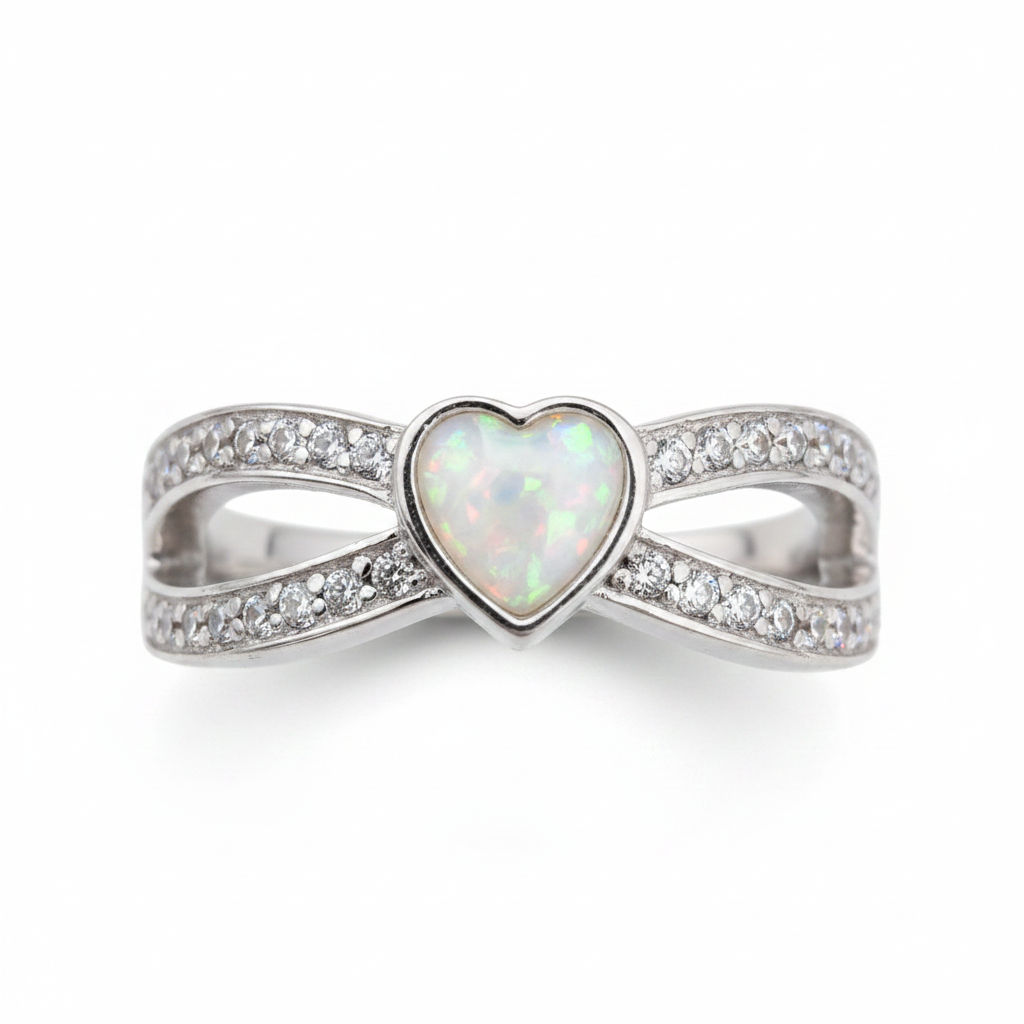 Split heart CZ 925 silver ring with white pearl opal resin in 6mm heart centre on white background