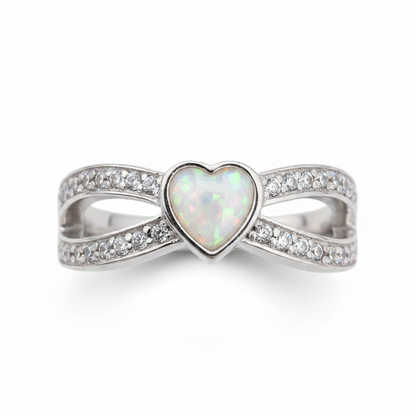 Split heart CZ 925 silver ring with white pearl opal resin in 6mm heart centre on white background