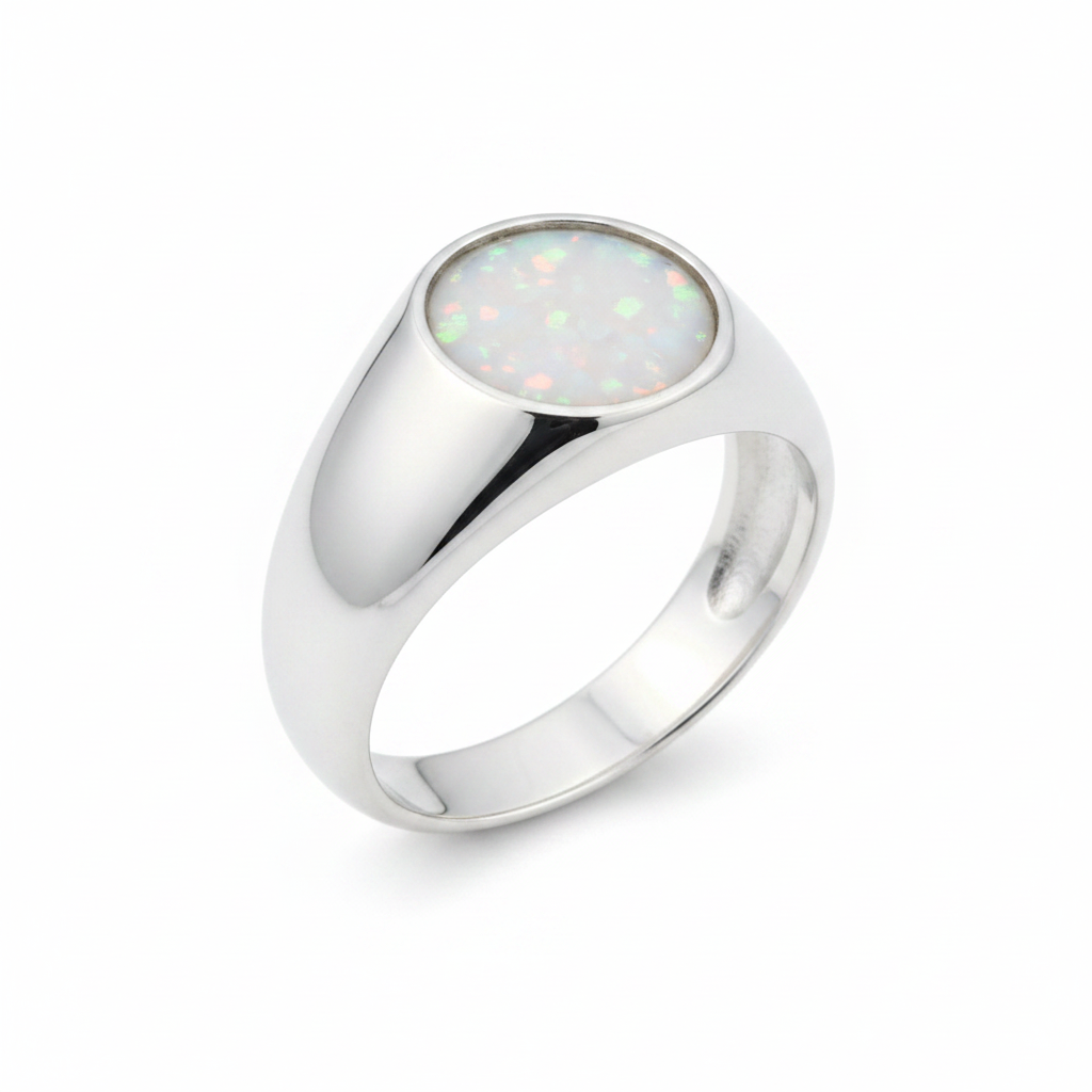 Silver 925 gents signet memorial ring — white pearl opal flakes resin in 10mm round setting, chunky wide domed signet band
