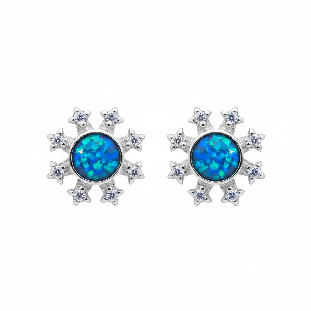 Silver 925 CZ Snowflake Stud Memorial Earrings with blue teal opal flakes
