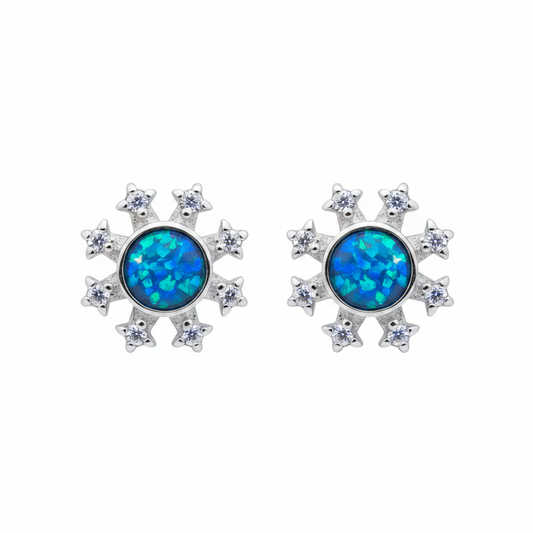 Silver 925 CZ Snowflake Stud Memorial Earrings with blue teal opal flakes