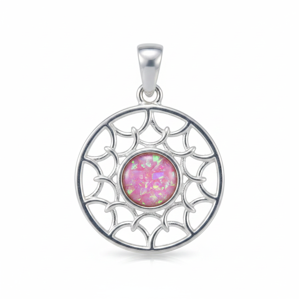 Silver 925 sun scale memorial pendant with pink opal flakes, white background