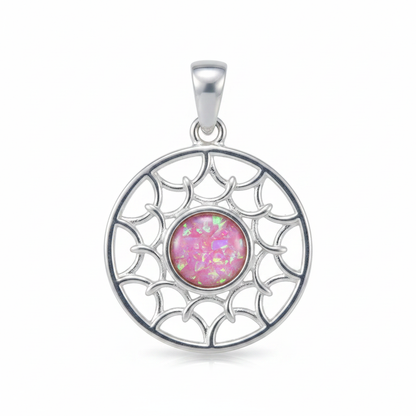 Silver 925 sun scale memorial pendant with pink opal flakes, white background